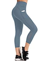 UURUN High Waisted Yoga Pants Capri Workout Leggings for Women with Pockets Tummy Control Non-See-Through Mesh Running Compression Capris for Exercise Fitness Gym Athletic Navy Heather-S